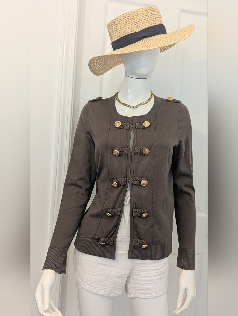 INC Olive Green 100% Cotton Military-Inspired Gold Button Cardigan M